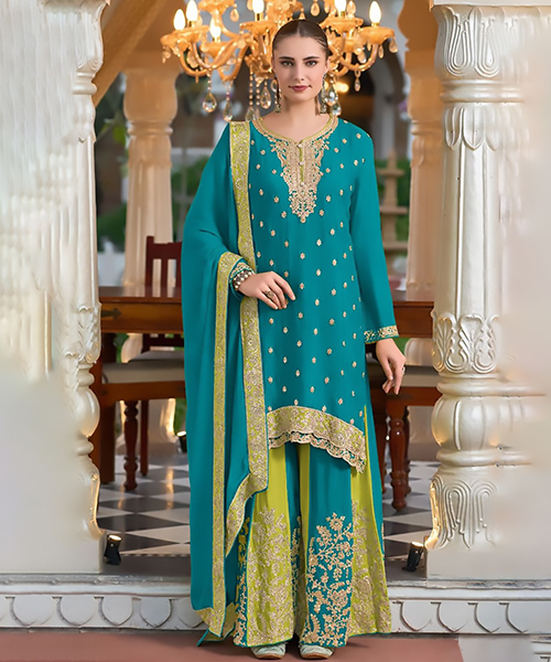 Blue & Green Silk Partywear Suit